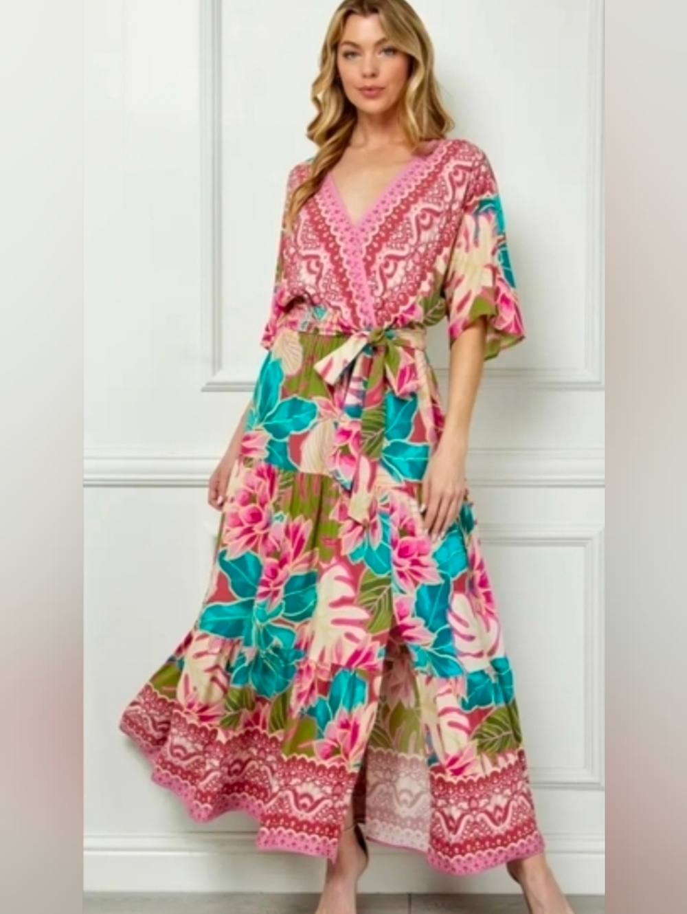 fig and flower Pink and Teal Floral V-Neck Tie-Waist Maxi Dress